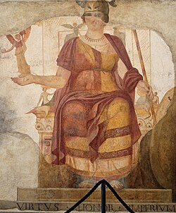 Fresco with a seated Venus, restored as a personification of Rome in the so-called "Dea Barberini" ("Barberini goddess"); Roman artwork, dated first half of the 4th century AD, from a room near the Baptistery of San Giovanni in Laterano
