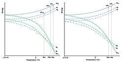 Solid phase transitions which transform reversibly without passing through the liquid or gaseous phases are called enantiotropic. In contrast, if the modifications are not convertible under these conditions, the system is monotropic. Experimental data are used to differentiate between enantiotropic and monotropic transitions and energy/temperature semi-quantitative diagrams can be drawn by applying several rules, principally the heat-of-transition rule, the heat-of-fusion rule and the density rule. These rules enable the deduction of the relative positions of the H and G isobars in the E/T diagram. [1]