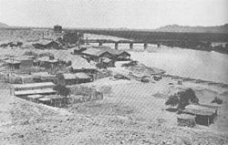 Yuma Crossing in 1886. The railway bridge over the Colorado River was built in 1877.