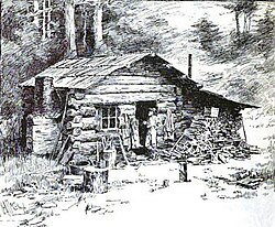 Drawing of an early hunter's cabin in Humboldt County.[17]