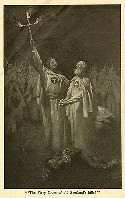 "The Fiery Cross of old Scotland's hills!" Illustration from the first edition of The Clansman, by Arthur I. Keller. Note figures in background.