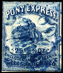 This 25-cent stamp printed by Wells Fargo was canceled in Virginia City, Nevada, and used on a revived Pony Express run between there and Sacramento beginning in 1862.