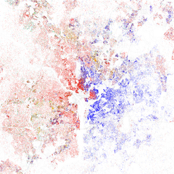 Map of racial distribution in the Washington metropolitan area, according to the 2010 U.S. census; each dot represents 25 people: White, Black, Asian, Hispanic or Other (yellow)