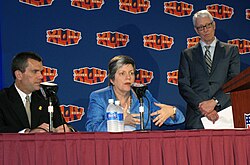 Napolitano discussing security at a Super Bowl XLIV press conference. The Super Bowl is designated as a National Special Security Event by Homeland Security.