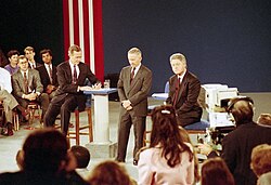 Clinton debating Bush and Perot on October 15, 1992