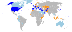 U.S. military presence around the world in 2007. As of 2015[update], the U.S. still had many bases and troops stationed globally.[111]