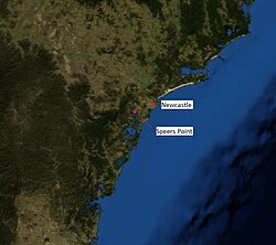 The continental slope of Australia, which is proximate to the coasts of Newcastle and Sydney (bottom left)