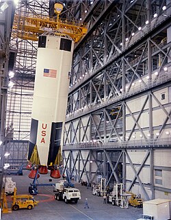 The first stage of AS-503 being erected in the Vehicle Assembly Building (VAB) on February 1, 1968