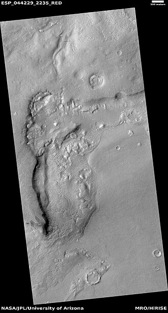 Wide view of dipping layers, upper plains unit, and brain terrain, as seen by HiRISE under HiWish program