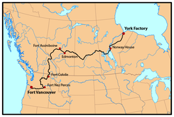 HBC's York Factory Express trade route, 1820s to 1840s. Modern political boundaries shown.