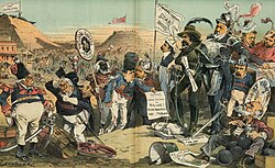 Cartoon satirizing James G. Blaine's campaign in 1884 by noting his party's victory in Maine's early gubernatorial election. This was traditionally seen as a bellwether for future presidential victory but had come at great financial cost: "Another victory like this and our money's gone!"