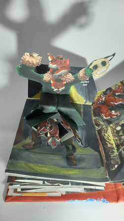 A page from a pop-up book, with a character "popping up" out of the book
