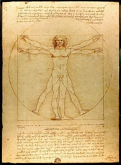 The Vitruvian Man, by Italian polymath Leonardo da Vinci, is based on the correlations of ideal human proportions with geometry described by the ancient Roman architect Vitruvius.