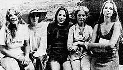 Actors who played kidnap victims in a promotional image for the film. left to right: Debra Berger, Brigitte Ariel, Kim Cattrall, Isabelle Huppert and Lalla Ward.[2]