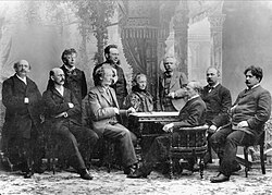1898 Music festival in Bergen by Agnes Nyblin. Left to right: Christian Cappelen, Catharinus Elling, Ole Olsen, Gerhard Rosenkrone Schelderup, Iver Holter, Agathe Backer Grøndahl, Edvard Grieg, Christian Sinding, Johan Svendsen and Johan Halvorsen