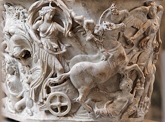 Detail of a sarcophagus depicting Endymion and Selene, shown with her characteristic attributes of lunate crown, billowing veil (velificatio) and heavenly chariot, from 3rd century AD, Roman Empire period.[16]
