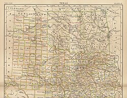 Map of Indian Territory (Oklahoma) 1889, showing Oklahoma as a train stop on a railroad line. Britannica 9th ed.