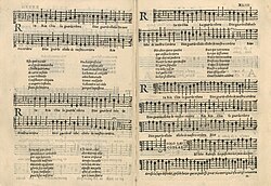 The musical score of Ríu Ríu Chíu printed 1556 in Venice by Girolamo Scotto.