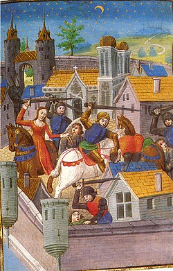 Medieval women helping to defend the city from attack