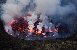 Lava lake at Nyiragongo Volcano in a molten state. (Democratic Republic of the Congo)