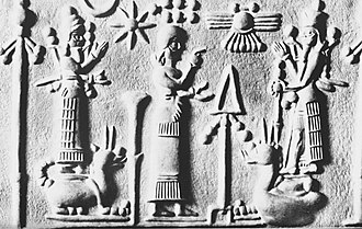 Late Assyrian seal. Worshipper between Nabu and Marduk, standing on their servant dragon Mušḫuššu, eighth century BCE.
