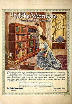 Advertisement for barrister's bookcases, marketed here as "sectional bookcases", by Globe Wernicke, 1913