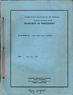 Transcript of the US Department of the Interior Security Hearing Board proceedings against geologist Ruth A. M. Schmidt, suspected of communist sympathies due to her membership in the Washington Bookshop.