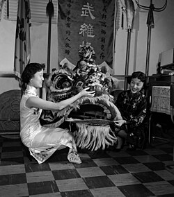 Lion costume for New Year parade, Los Angeles, 1953