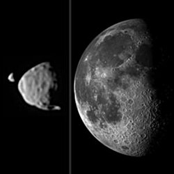 Deimos and Phobos as seen from Mars, compared in apparent size to the Moon as seen from Earth