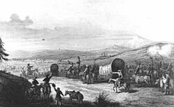 Arrival of the caravan at Santa Fe, lithograph published c. 1844
