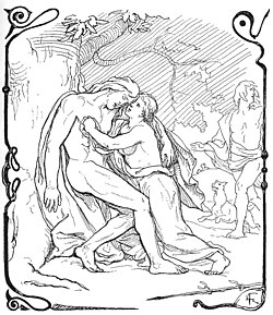 Frigg grips her dead son, Baldr, in an illustration by Lorenz Frølich, 1895