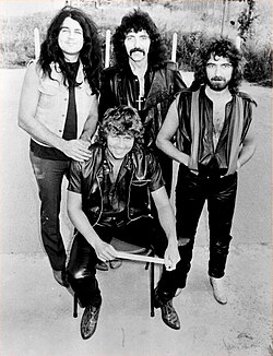 Black Sabbath in 1983. L-R: Ian Gillan, Bev Bevan (bottom), Tony Iommi, Geezer Butler