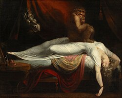 painting of a demon on the chest of a sleeping woman