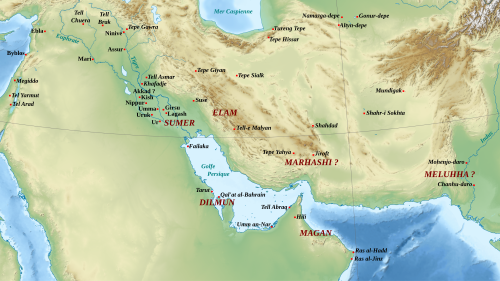 Location of foreign lands for the Mesopotamians, including Elam, Magan, Dilmun, Marhashi and Meluhha.