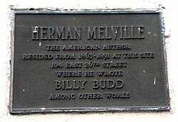 Plaque commemorating Melville at 104 East 26th Street in Manhattan, where he lived from 1863 to 1891