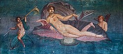 Venus rising from the sea, alluding to the birth-myth of Greek Aphrodite.[84] From a garden wall at the Casa della Venere in conchiglia, Pompeii. Before AD 79