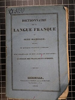 French dictionary printed in 1830 detailing the Mediterranean Lingua Franca