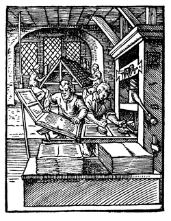 In this woodblock print from 1568, the printer at left is removing a page from the press while the one at right inks the forme.