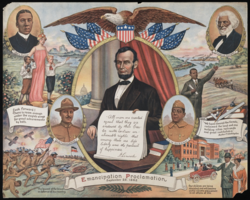 This print visualizes the Emancipation Proclamation.