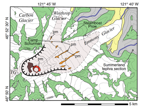 Detailed map of Mount Rainier's summit and northeast slope showing upper perimeter of Osceola collapse amphitheater (hachured line)
