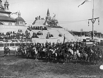 A large group of Native Americans mounted on horseback during a Cummins Indian Congress and Wild West Show at the Pan-American Exhibition, Buffalo, N.Y. c.1901