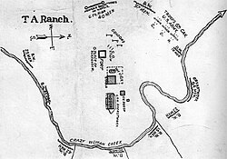 A map of the TA Ranch during the Johnson County War, depicting the positions of the Invaders, the posse, and the 6th Cavalry