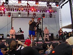 Public Enemy performing in Las Vegas, United States, in October 2007. Left to right: DJ Lord, Chuck D, and Flavor Flav.
