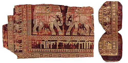 Silk textile, probably a saddle-cloth, made for Abū‘l-Mansūr Bukhtegīn (d. 961), a general under the Samanid ruler Abd al-Malik I. Known as the Suaire de Saint-Josse, Paris, Louvre, OA 7502.[59][60]