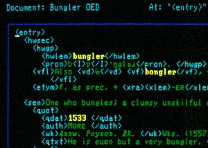 A fragment of the Oxford English Dictionary (1985), showing SGML markup