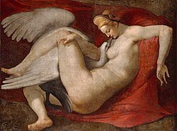 Zeus, disguised as a swan, seduces Leda, the Queen of Sparta. A sixteenth-century copy of the lost original by Michelangelo.