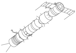 Soyuz 7K-9K-11K circumlunar concept. The drawing shows Soyuz 7K (right), Soyuz-B/Soyuz 9K booster, and Soyuz-V/Soyuz 11K tanker with twin whip antennas (left)