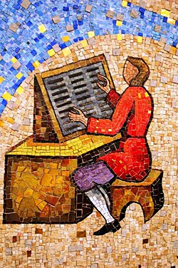 Mural mosaic "Typesetter" at John A. Prior Health Sciences Library in Ohio