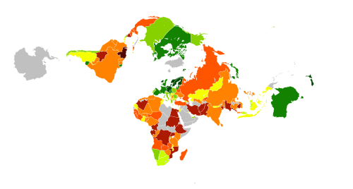 States by adherence to the Rule of Law (L), 2023, (World Justice Project)[4] L > 0.8 0.7 < L ≤ 0.8 0.6 < L ≤ 0.7 0.55 < L ≤ 0.6 0.5 < L ≤ 0.55 0.45 < L ≤ 0.5 0.4 < L ≤ 0.45 0.3 < L ≤ 0.4 L < 0.3 No data