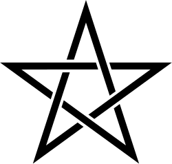 A right-handed interlaced pentagram, popular with Wiccans and some other neo-pagans. The Flag of Morocco often bears the left-handed version.